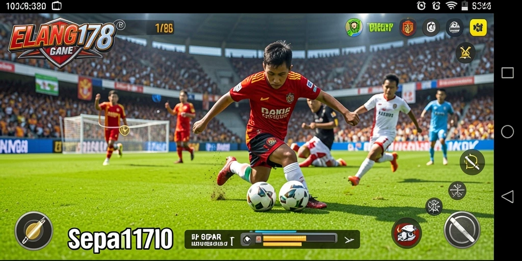 Screenshot utama ELANG178 menampilkan aksi seru di lapangan sepak bola.