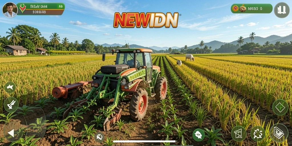 Screenshot gameplay NEWIDN yang menampilkan kebun subur dan aktifitas bertani.